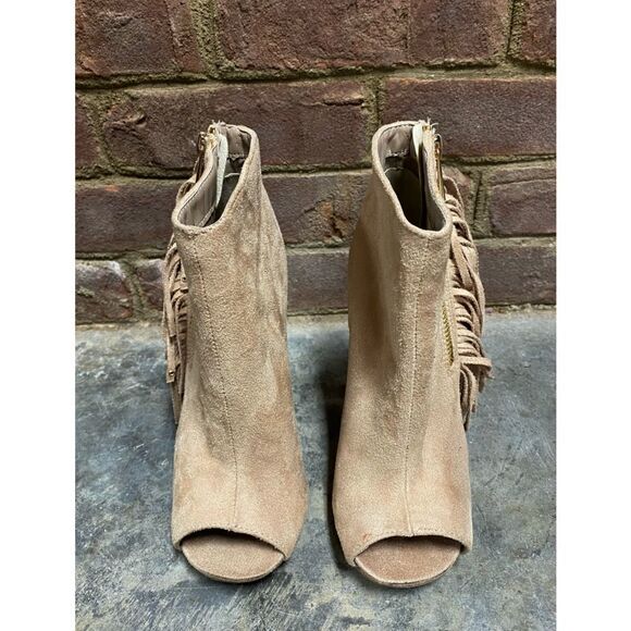 Qupid Nude Suede Studded Vertical Fringe Peep Toe Cutout Stiletto Bootie - Picture 5 of 10